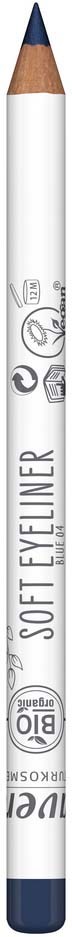 En hvid eyelinerblyant med blå spids og sølvmarkeringer, mærket 'SOFT EYE LINER'.