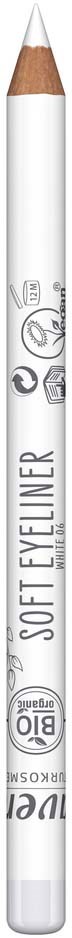 Valkoinen kosmetiikkkynä, jossa lukee "SOFT EYELINER", ja merkkejä siitä, että tuote on vegaani ja cruelty-free.