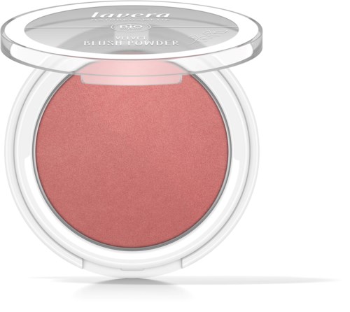Pyöreä poskipuna-purkkala, jossa läpinäkyvä kansi, merkinnällä "laura GELLÉ" ja "BLUSH POWDER".