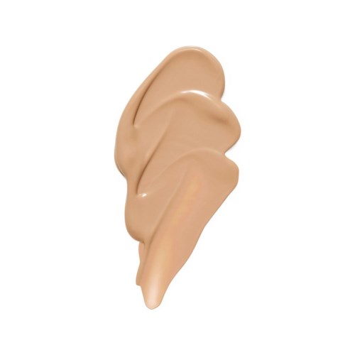 Een vlek beige gekleurde crème of lotion op een witte achtergrond.