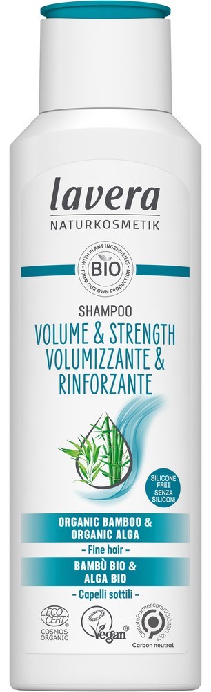 Valkoinen shampoopullo, jossa on sinisiä ja vihreitä tekstejä ja bambukasvi kuva, merkinnöillä orgaanista bambua ja levää.