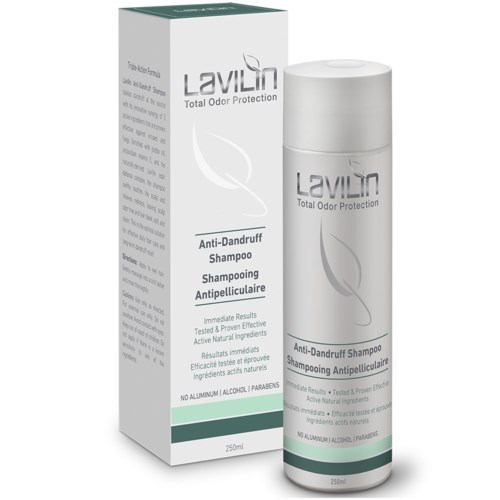 En hvit flaske og eske for Lavlin Anti-Dandruff Shampoo, med tekst og et bladdesign som indikerer naturlige ingredienser.