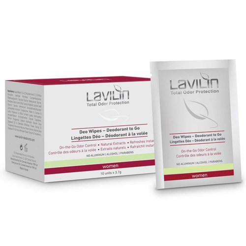 En box och ett paket Laviln deodorantdukar för kvinnor, utformade för att kontrollera lukt med naturliga och alkoholfria ingredienser.