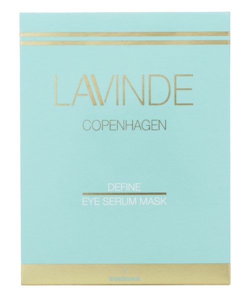 Ett ljusblått paket med guldlinjer och text, visar en ansiktsserummaskprodukt från Lavinde Copenhagen.