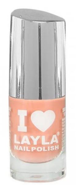 En liten flaska med rosa nagellack med silverkork och texten "I Love Layla Nail Polish" på etiketten.