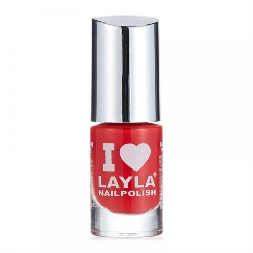 En flaska med röd nagellack med silverlock, med en etikett som visar kärlek till Layla nagellack.