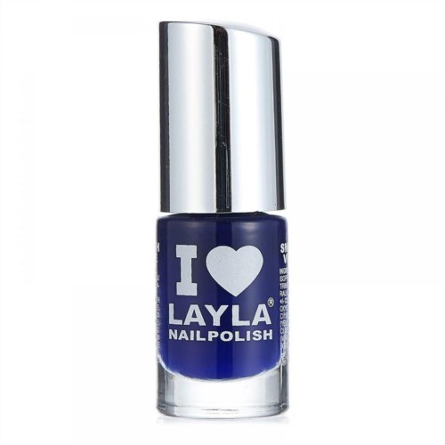 Blå nagellackflaska med silverlock, märkt "I love Layla Nailpolish."