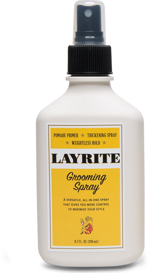 White spray bottle with yellow and black label, named Layrite Grooming Spray, for hair styling and hold.