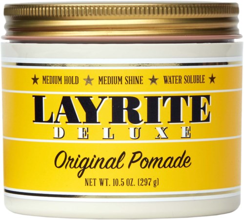 Żółty pojemnik z Layrite Deluxe Original Pomade z brązowym wieczkiem, wskazujący, że jest wodoodporny i ma średni chwyt.