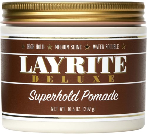 Brązowy i biały pojemnik Layrite Deluxe Superhold Pomade z złotą pokrywką.