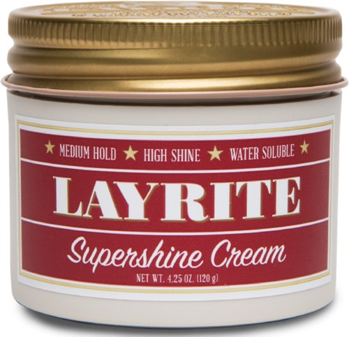 Mała pasta Layrite Supershine Cream z czerwoną i białą etykietą i złotym wieczkiem.