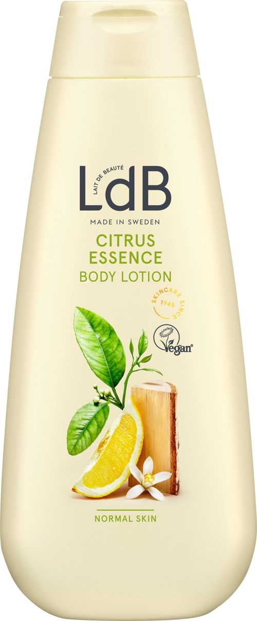 Rasvaksi, jossa lukee 'Ldb Citrus Essence', ja siinä on kuvia sitruunasta, vihreistä lehdistä ja lasillisesta mehua.