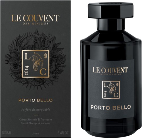 En svart parfymeflaske og eske merket 'Le Couvent Porto Bello' med blomsterdesign og gullfarger.