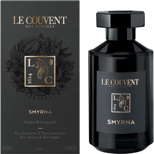 En svart parfyrelåse og flaske merket "LE COUVENT SMYRNA," med blomstrete og abstrakte design og detaljer om ingredienser.