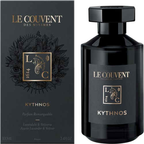 En parfyllflaske og eske med mørk, elegant design og gulldetaljer, merket 'Le Couvent des Minimes Kythnos'.