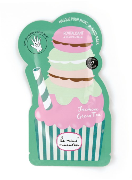 En fargerik illustrasjon av et muffins med te-smak, det har rosa, hvitt, grønt og brunt lag, med en stripete kopp.