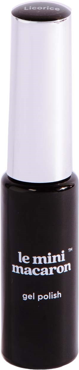 Mustaviski, jossa lukee 'le mini macaron gel polish'. Se on kynsilakkapullo.