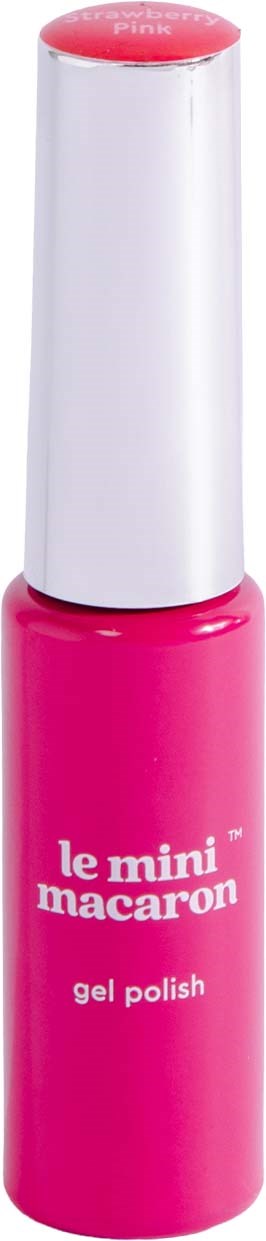 Pinkki kynsilakkapullo, jossa valkoinen kansi, merkinnällä 'le mini Macaron gel polish'.