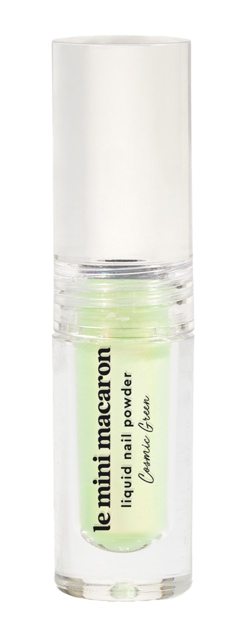 En liten flaska med grönt nagellackspuder som heter Le Mini Macaron, med vit topp och genomskinlig kropp.