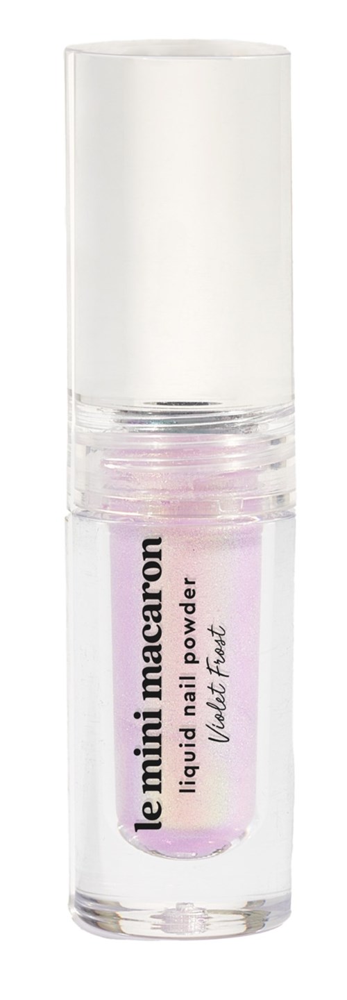 En liten genomskinlig flaska med rosa nagellack inuti och en vit kapsel. Etiketten säger 'le mini macaron liquid nail powder'.