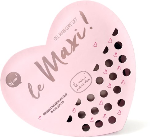 Rosa hjärtformad låda med hål, märkt 'le Maxxi' för gelnagellackset, med små hjärtan och produktdetaljer.