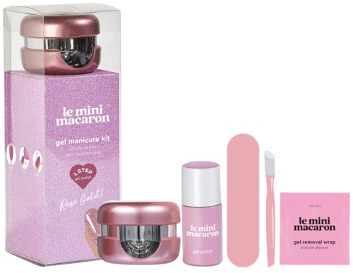 A pink manicure kit with gel polish, remover, a tool, and packaging labeled "le mini macaron."