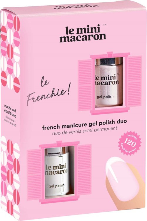 Vaaleanpunainen laatikko, jossa kaksi geelilakkapulloa, vaaleanpunainen ja valkoinen. Teksti sanoo 'le mini macaron' ja 'french manicure gel polish duo.'