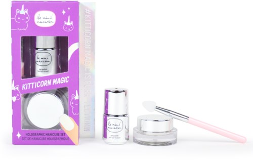 En lila box med enhörningsbilder innehåller en manikyrset, inklusive nagellack, verktyg och en liten behållare.
