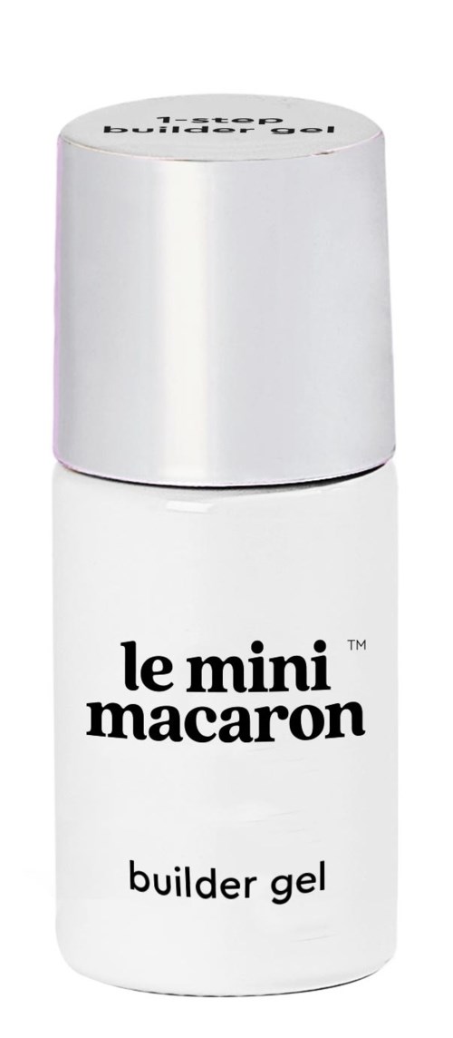 Liten hvit beholder med svart tekst som sier 'le mini macaron builder gel'.