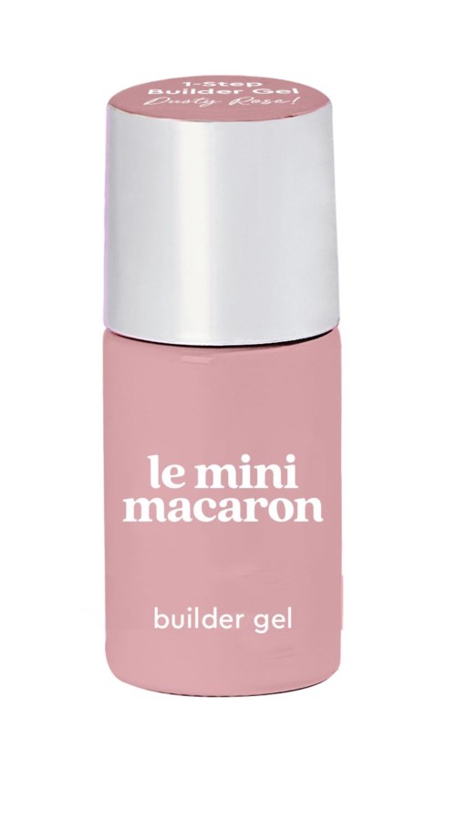 Liten rosa flaske med hvit lokk, merket 'le mini macaron' og 'builder gel.'