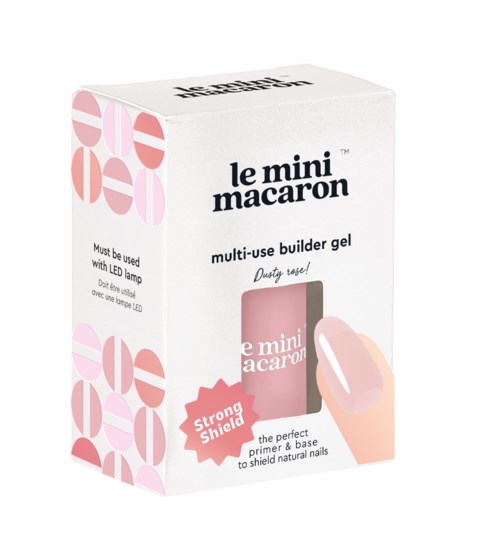 Eske for neglelakk gel med rosa design, japansk tekst og en hånd som påfører gel. Inneholder neglebeskyttende primer.