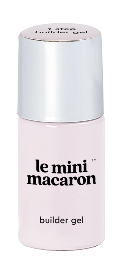 En liten flaske med Le Mini Macaron builder gel og sølvkork.