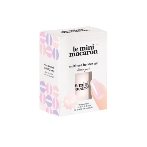 En hvit eske med rosa og lilla geometriske mønstre, merket "le mini macaron" multi-bruk builder gel for negler.