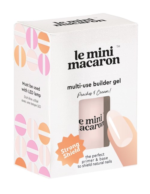 En hvit boks med 'le mini macaron' flerbruksgel med fersken og krem smak, med pastellfarger i rosa, oransje og lys rosa.