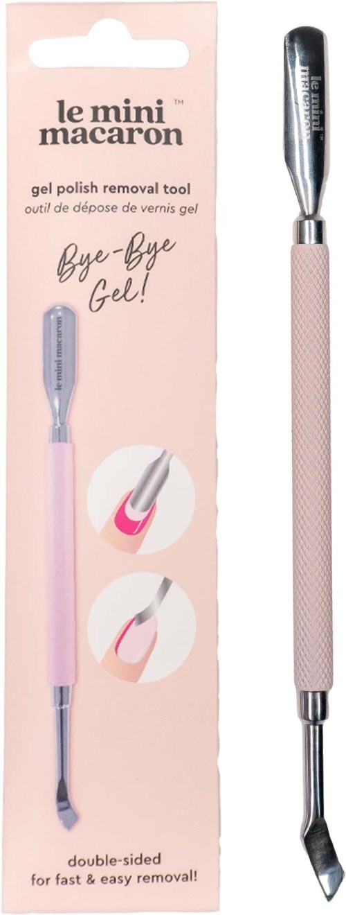 Et rosa verktøy med doble ender for fjerning av gelénagellakk, vist med instruksjoner på emballasjen.