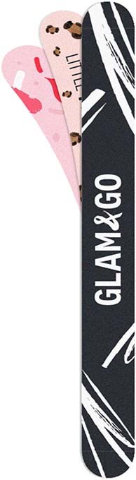 To negleflater med rosa og svarte mønstre og teksten 'GLAM & GO' på den svarte.