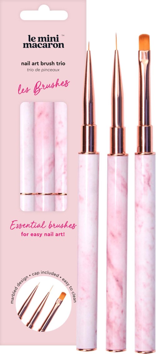 A set of three pink and white marbled nail art brushes with rose gold tips, in packaging with product details.