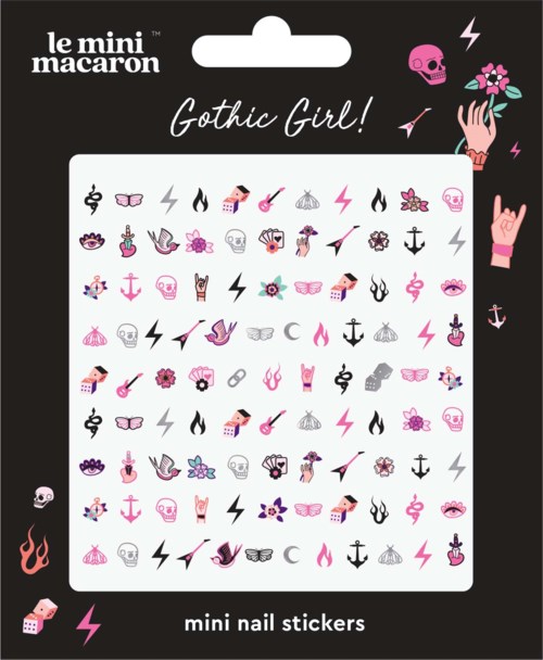 A pack of small stickers with gothic girl theme, including skulls, bats, roses, nails, and lightning symbols.