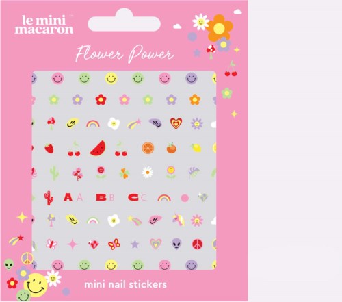 Eine Packung kleiner Nagelaufkleber mit bunten Blumen, fröhlichen Gesichtern und verspielten Mustern. Die Verpackung ist pink und fröhlich.