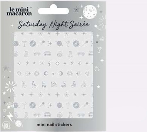 En förpackning med små nagelklistermärken med olika måne- och stjärndesign för Saturday Night Soiree.