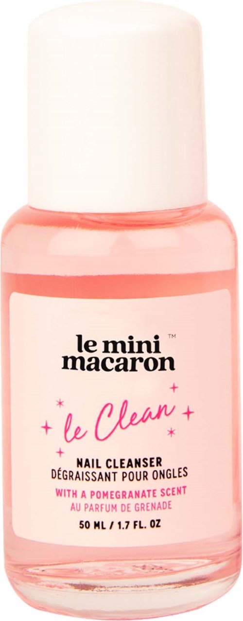 Liten rosa neglelakkfjernerflaske med granateplesmak, 50 ml, merket 'le mini macaron le clean'.