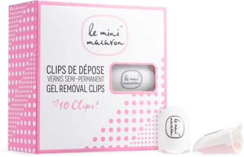 En box med rosa prickar innehåller gel- borttagningsklämmor och en liten enhet. Boxen har rosa text och cirklar.