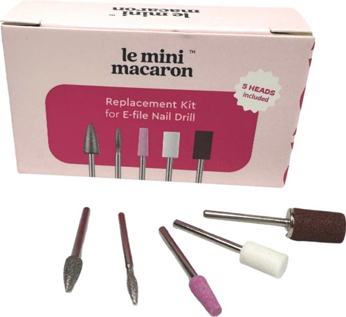 A box labeled 'le mini macaron' contains five small drill bits for nails, in different shapes and colors.