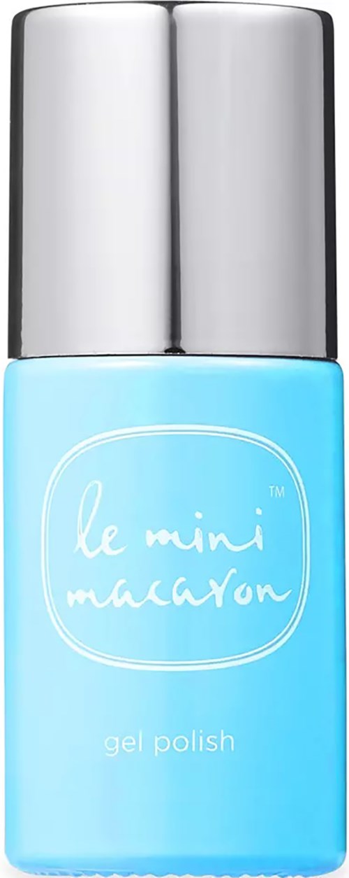 A small blue bottle with a silver cap labeled 'le mini macaron gel polish'.