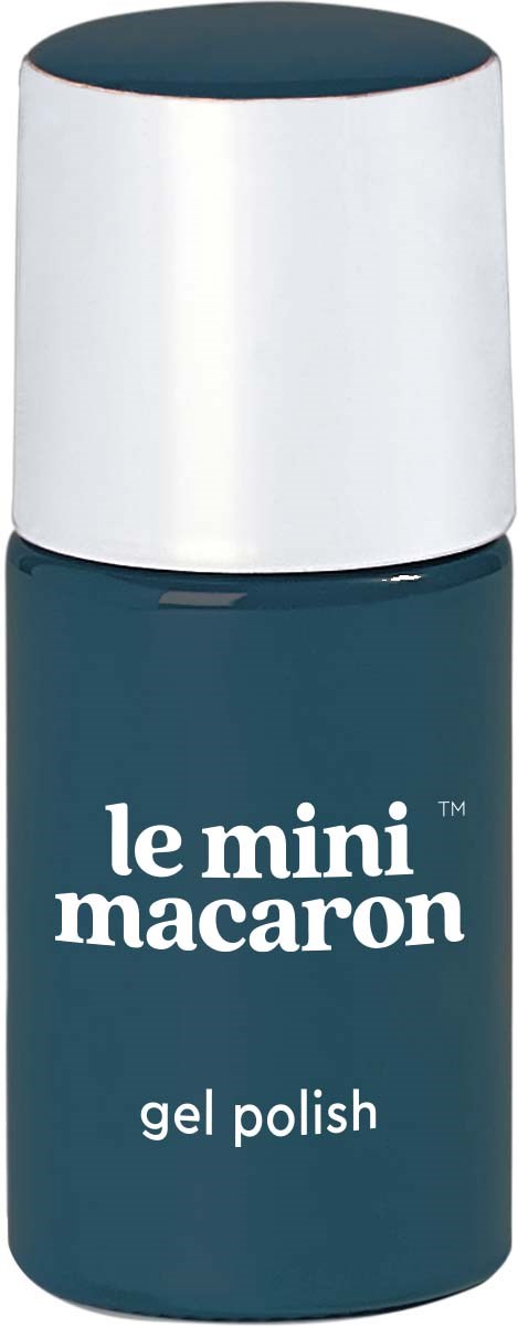 A small bottle of dark blue gel polish with a white cap, labeled 'le mini macaron' and 'gel polish.'