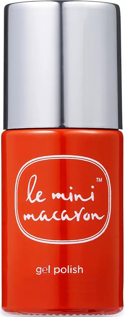 A red nail polish bottle labeled "le mini macaron" with a silver cap.