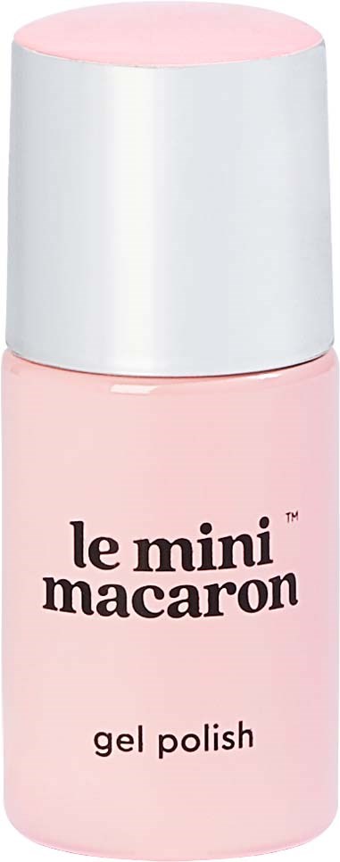 A small pink bottle labeled 'le mini macaron' contains gel nail polish. It has a white cap.
