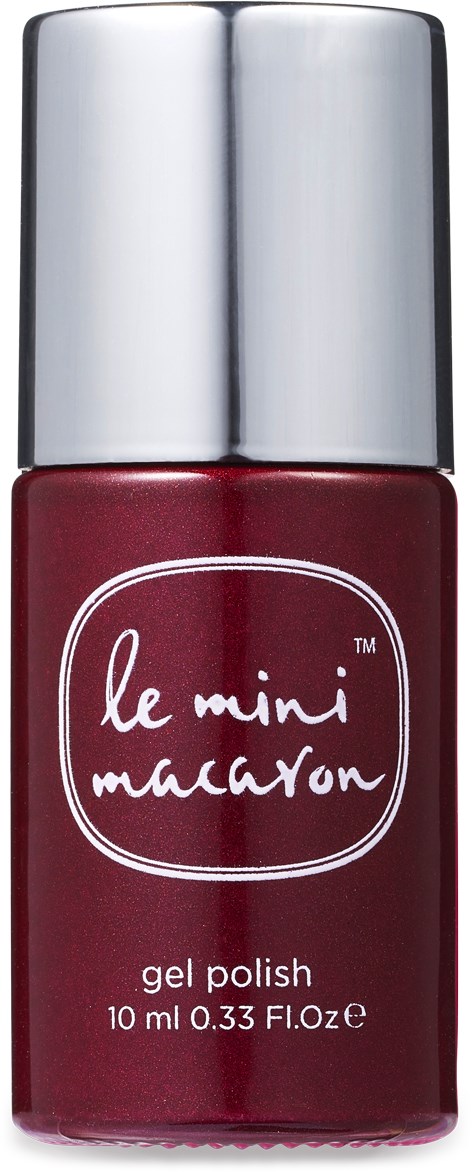 A small bottle of red nail gel polish with a silver cap, labeled 'le mini macaron' and 'gel polish'.