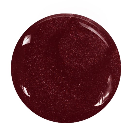 A shiny, dark red sphere with tiny specks of glitter inside, resembling a gemstone or marble.
