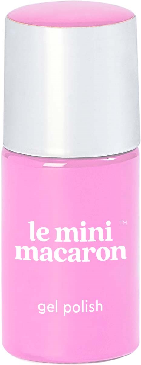 Small pink bottle labeled 'le mini macaron' gel polish. Cap is white with pink on top.